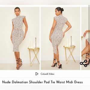 PrettyLittleThing Nude Dalmatian Shoulder Pad Tie Waist MIDI Dress NEW Size 4